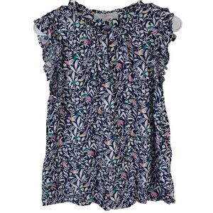 LOFT Navy Tropical Bird Print Ruffle Bright Blouse Summer Spring Lightweight - M